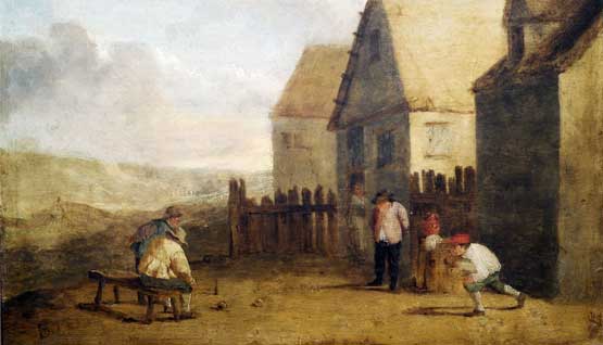 Quadro antigo representando uma cena rural com várias pessoas interagindo em um espaço externo, algumas estão jogando no chão e outras observam e ao fundo algumas casas com cercados de madeira.