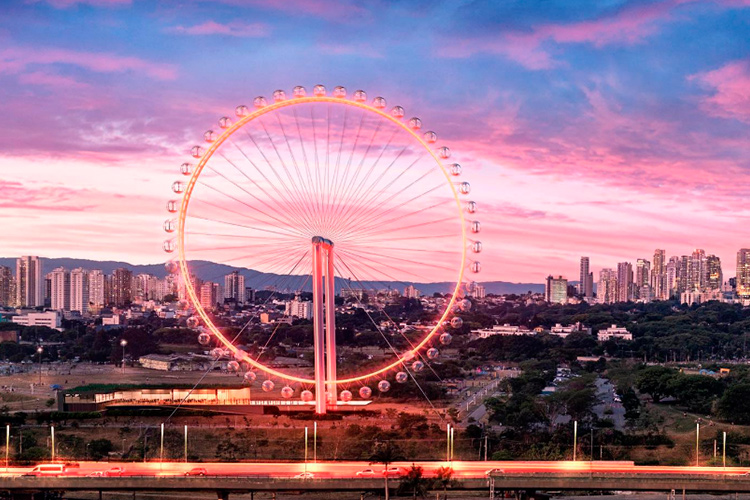 Visão de cima da roda gigante à noite. Com luzes cor de rosa em toda sua extensão e ao fundo parte da cidade de São Paulo.