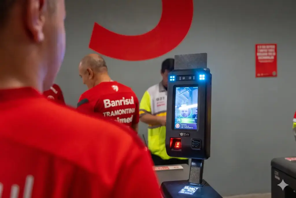 Imagem de controle de acesso inteligente em ambiente corporativo, com reconhecimento facial e sistema digital para segurança eficiente. Saiba mais sobre a Imply.