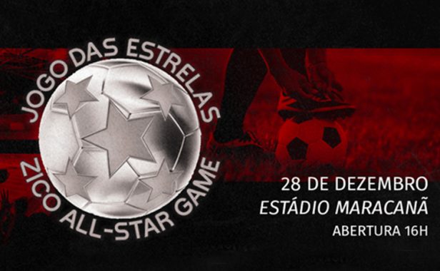 Imagem do logotema do Jogo das Estrelas que é representado por uma bola prateada cheia de estrelas. Ao fundo a imagem de um jogador com o pé em cima de uma bola no campo e na lateral as informações sobre data, local e horário do evento.