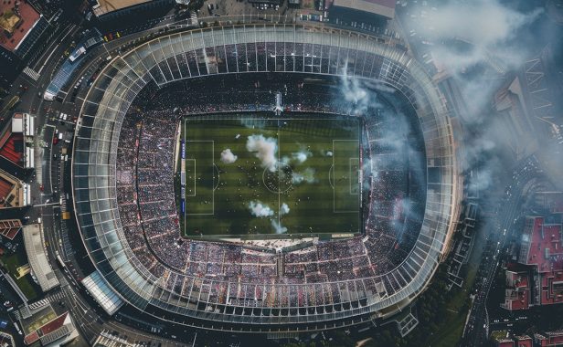 vista-aerea-estadio-futebol Vista aérea de um estádio de futebol lotado