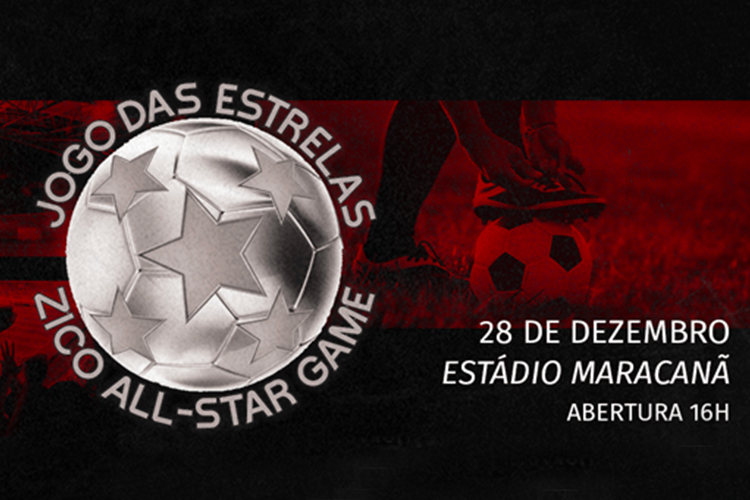Imagem do logotema do Jogo das Estrelas que é representado por uma bola prateada cheia de estrelas. Ao fundo a imagem de um jogador com o pé em cima de uma bola no campo e na lateral as informações sobre data, local e horário do evento.