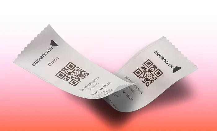 Duas cédulas/recibos de pagamento com QR code da marca elevencash, ilustrando pagamento cashless e transações sem dinheiro físico, com fundo degradê rosa e laranja.