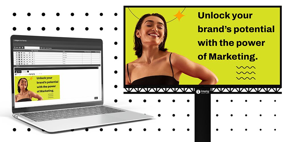 Painel de marketing com laptop e outdoor.