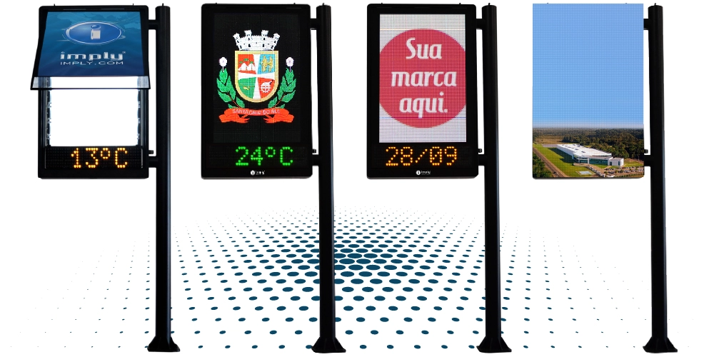 Relógio digital urbano de rua para propaganda com painel eletrônico publicitário e exibição de hora e anúncios em ambiente urbano